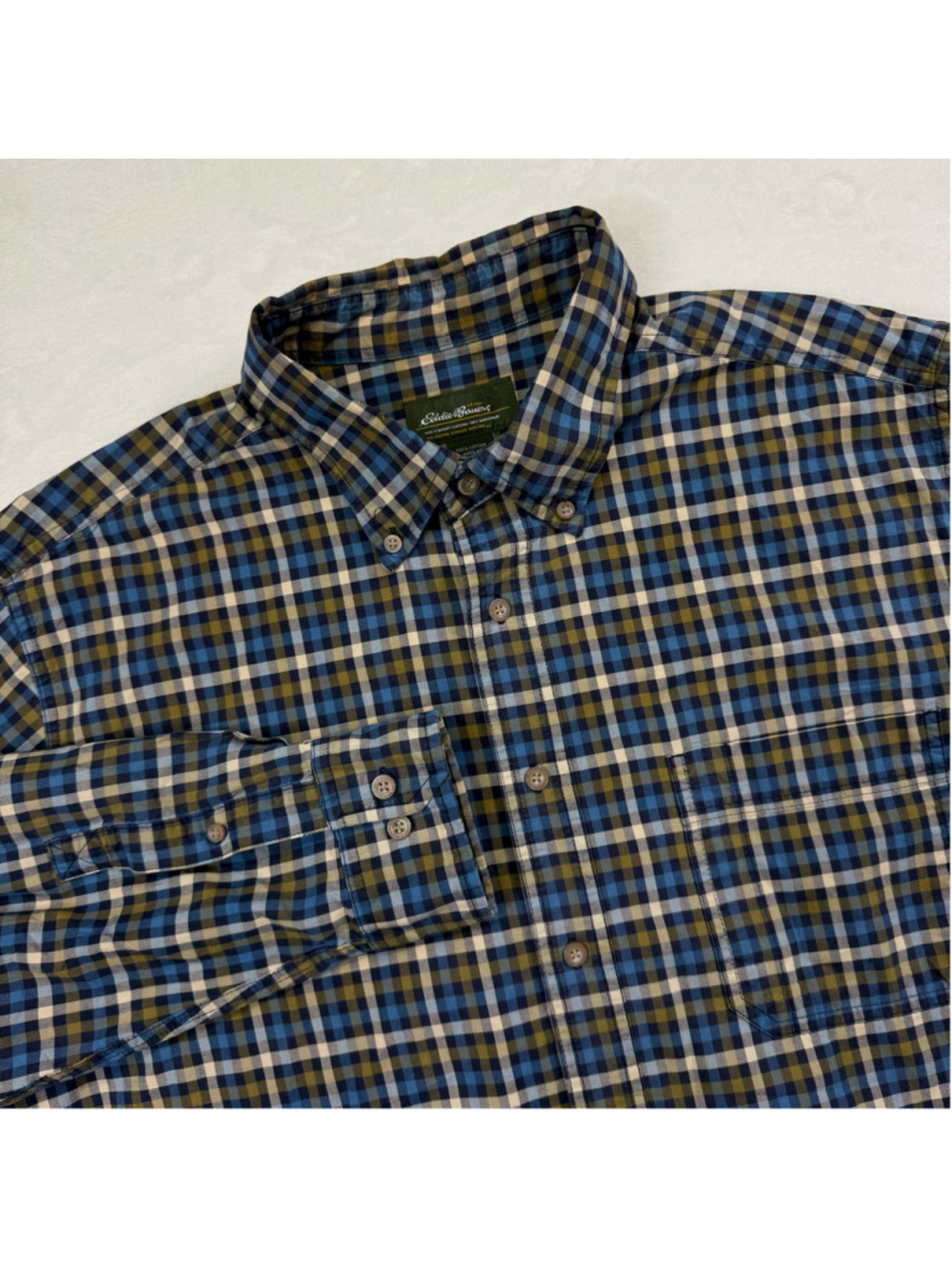Men's Eddie Bauer Plaid Casual Button Down Shirt XL Tall Blue Green Checkered